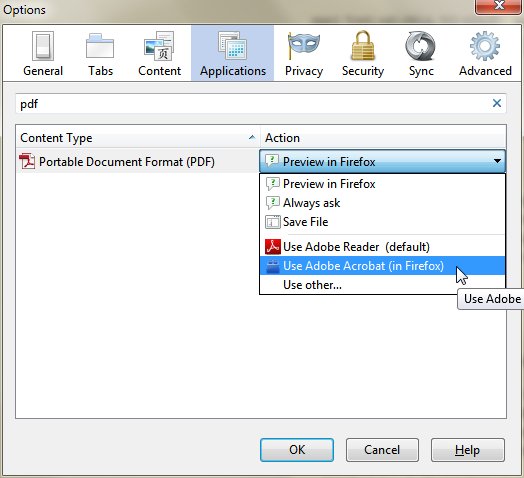 Options Applications select Adobe Acrobat
